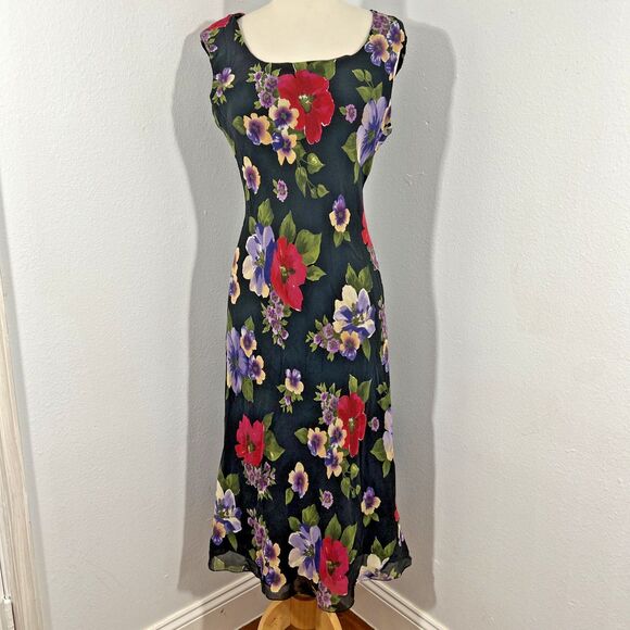 David Warren‎ Midi Dress Woman 8 Black Floral Silk Fairycore Romantic Whimsical - Picture 1 of 7